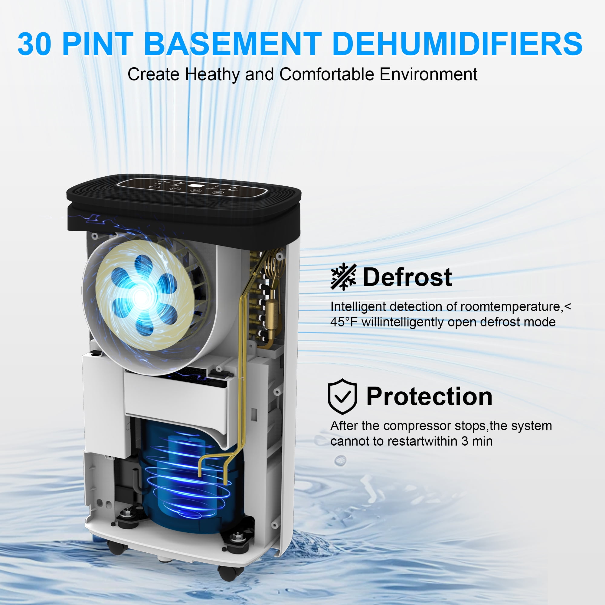 AIRPLUS 30 Pints Dehumidifier with Drain Hose, Covers Up to 2500 Sq. Ft Dehumidifier for Basement Home, DOE 7.54 Pints, White