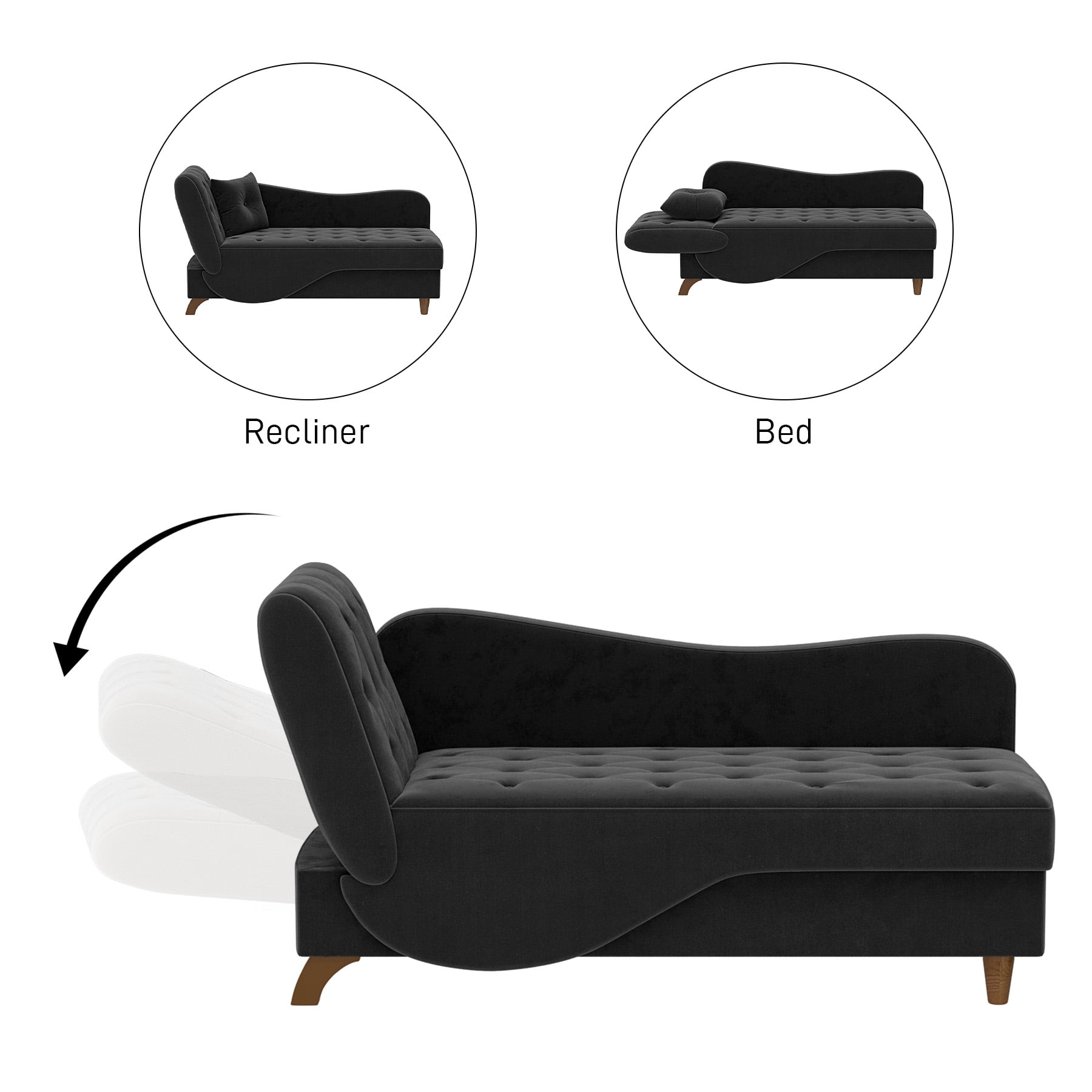 Wiilayok Chaise Lounge Chair Indoor Furniture with Storage Pillow,Adjustable Recling Sleeper Sofa Lounge Chair,Velvet Futon Sofa Couch Bed for Living Room Bedroom,Black