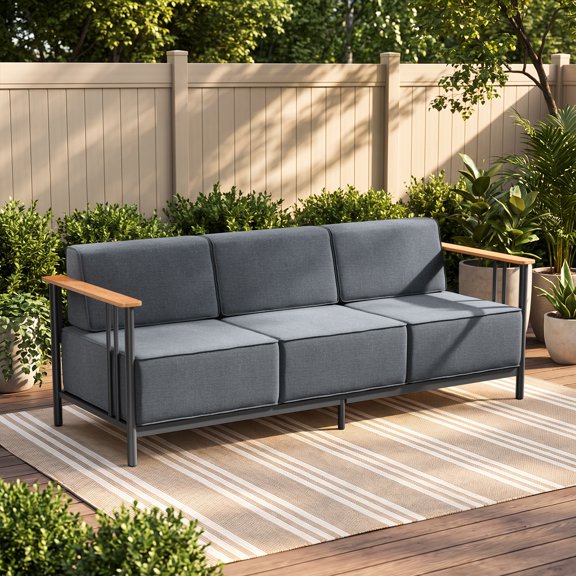 PARKWELL Patio Metal Couch Furniture,Outdoor Oversized 3 Seats Sofa with Luxury 10-Inch Thick Cushions for Front Porch Deck,Black/Dark Gray