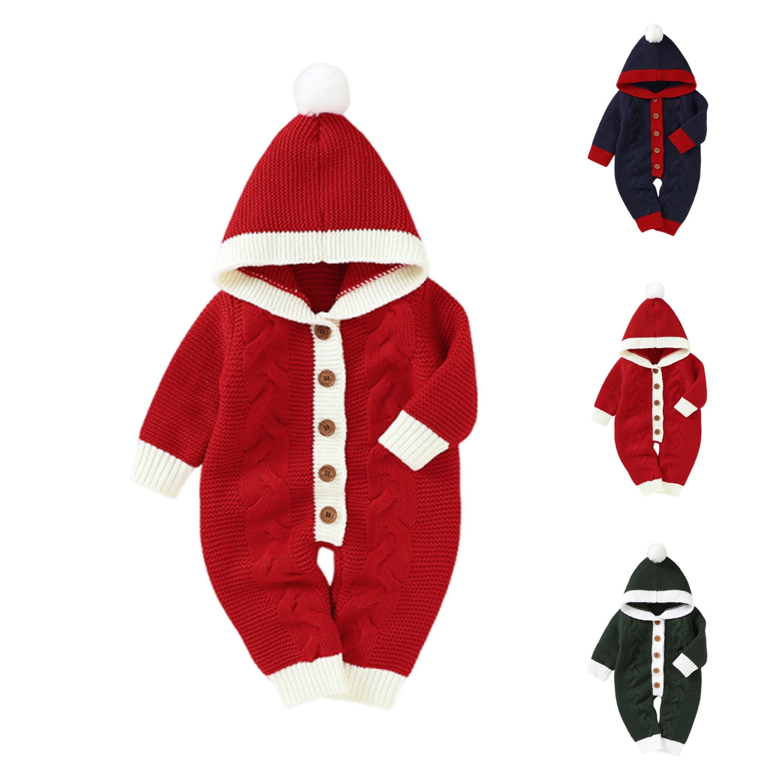 Lovzfmll Knit Jumpsuits for Newborn Boys Girls, Cozy Romper with Hood, Button Front Soft Onesie, Warm Fall Winter Clothes for 0-18 Months