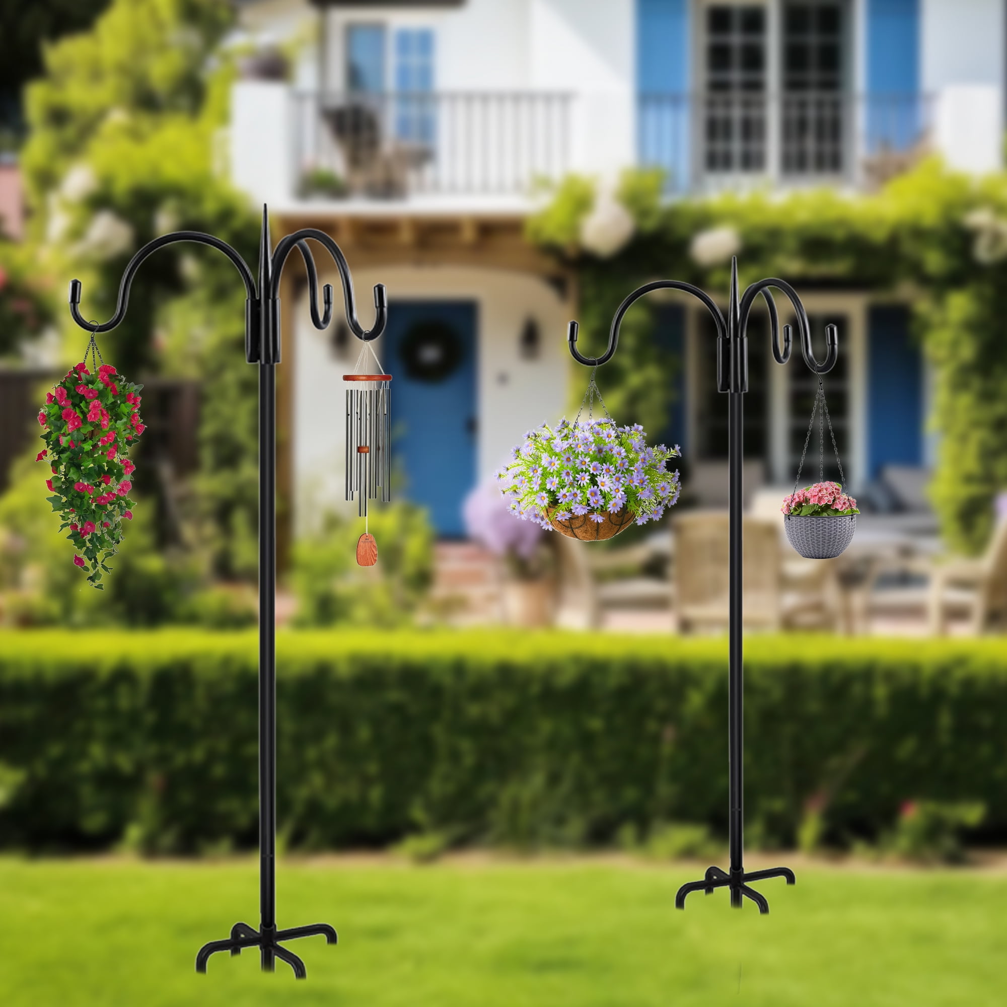 76 Inch Three Shepherd Hooks for Outdoor,Bird Feeder Pole with 5 Prong Base, Adjustable Shepard Hooks for Hanging Plant, Solar Lanterns, Wind Chimes, 2 Pack