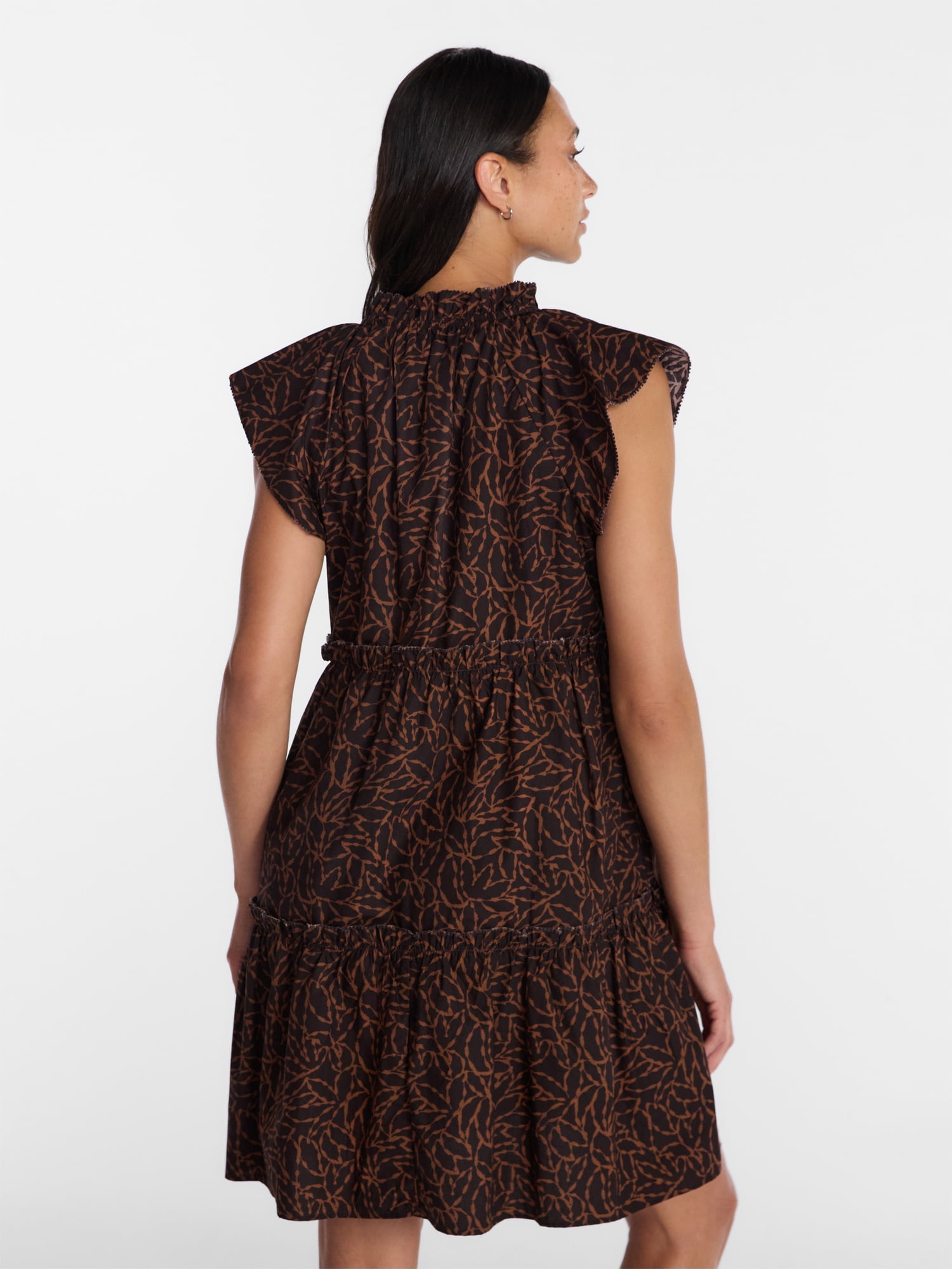 Time and Tru Women's and Women's Plus Tiered Cotton Mini Dress with Flutter Sleeves, Sizes XS-4X