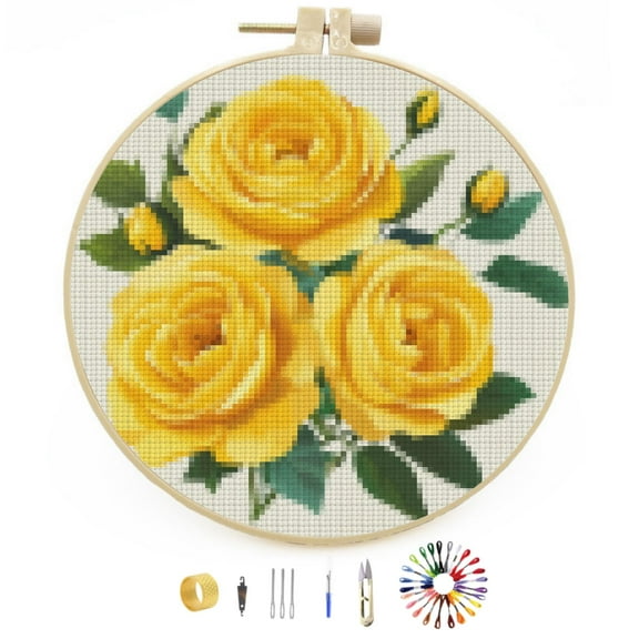 Yellow Roses Easy Stamped Cross Stitch Kits for Beginners with Hoop Simple Patterns 11CT Counted Embroidery Needlepoint Crafts Arts for DIY Enthusiasts and Home Decor 30x30cm(3)