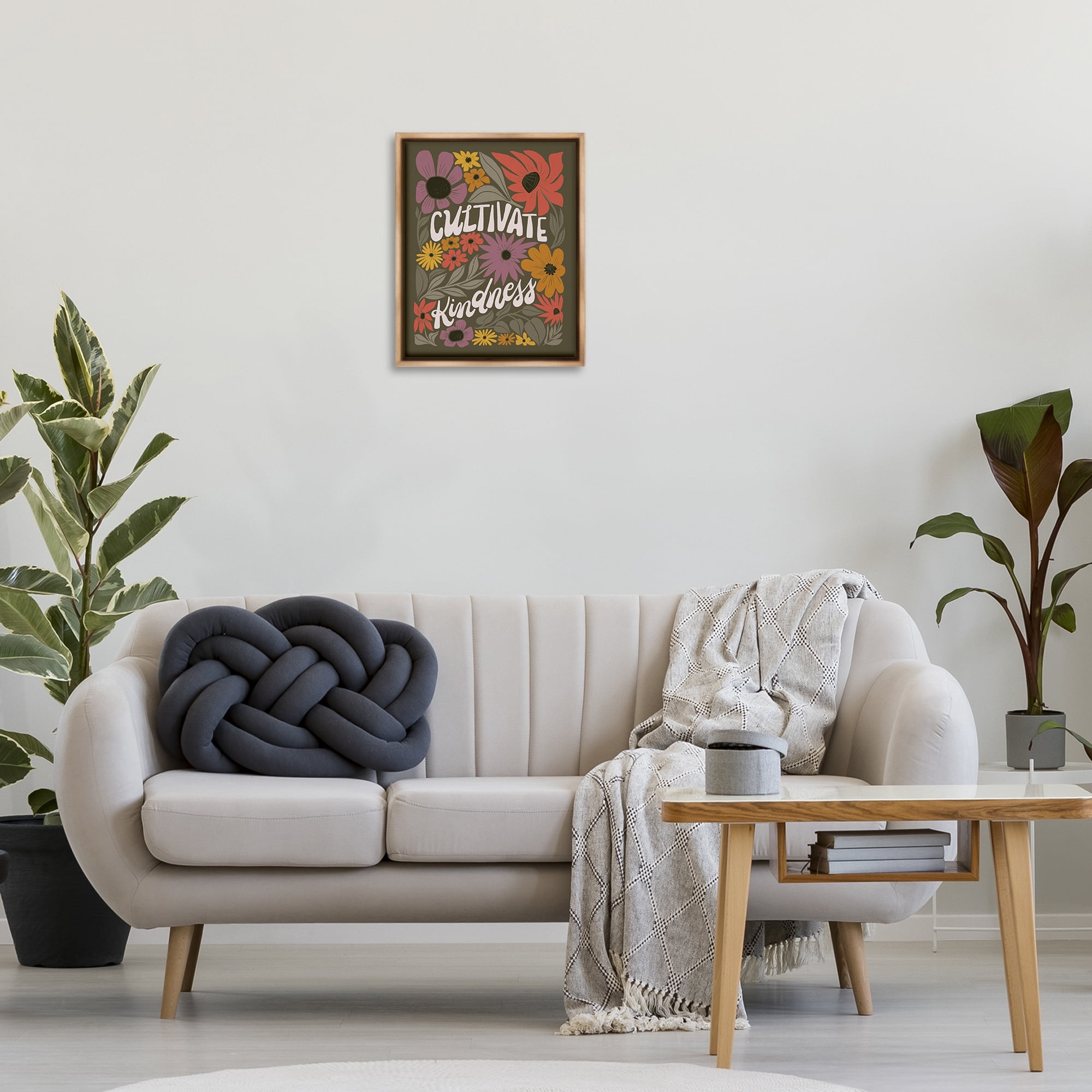 Stupell Industries Groovy Cultivate Kindness Plants & Flowers Painting Brown Floater Framed Canvas Art Print Wall Art, 17 x 21