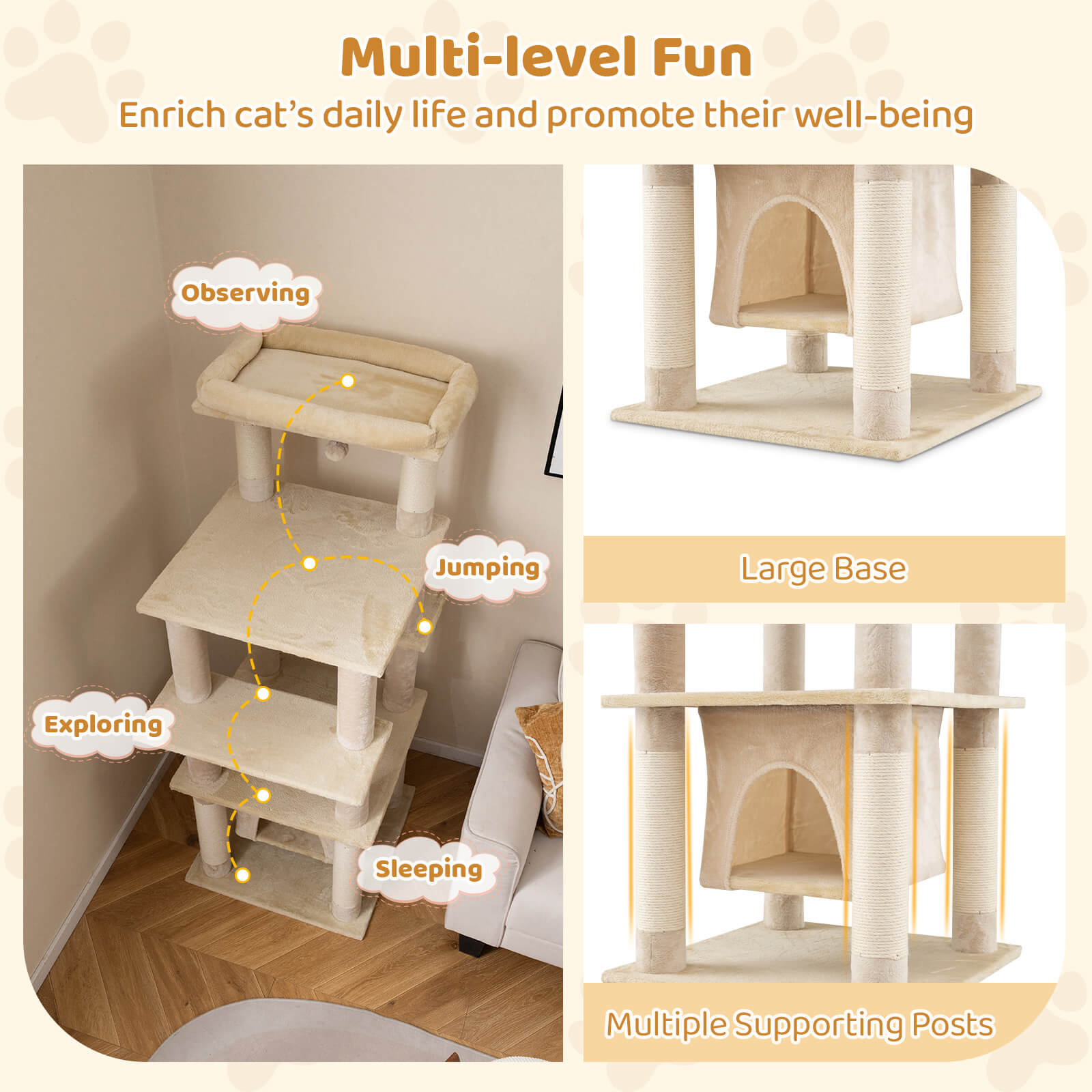 Costway Large Multi-level Cat Tree 58" Tall Cat Tower with Swaying Aerial Condo Perch Bed Beige