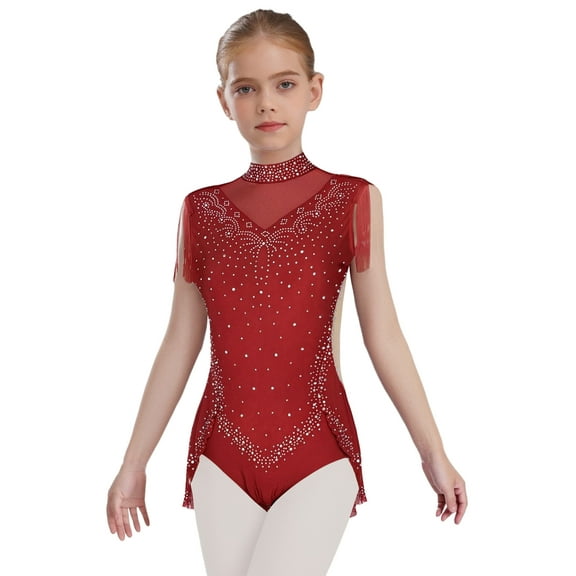 Alvivi Girls Sequins Rhinestone Dance Leotard Tutu Dress Gymnastics Bodysuit Ice Figure Skating Ballet Unitard Burgundy 8