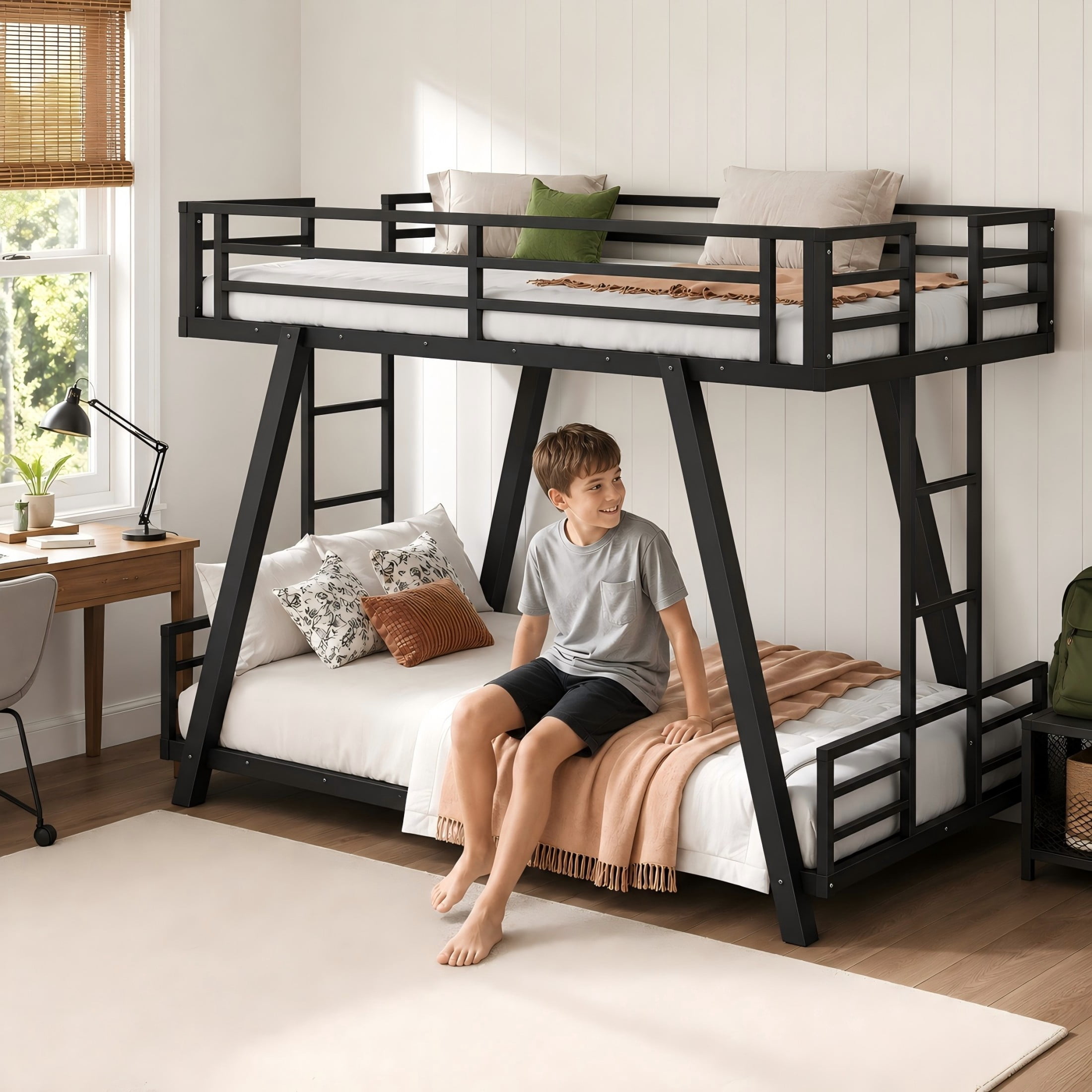 Aukfa Twin XL over Twin XL Metal Bunk Bed with Heavy Duty A-Frame Support Design, 2 Side Ladders, Low Profile, Black