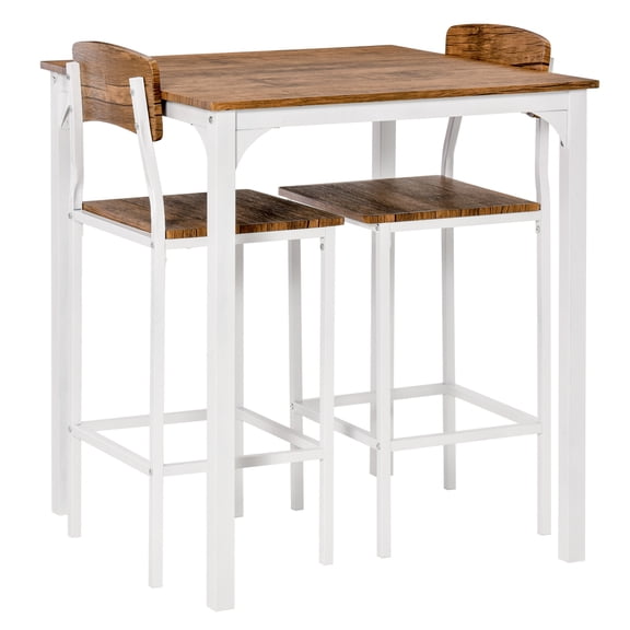 3 Piece Counter Height Dining Table Set with Stools, White Industrial Bar Table and Chairs with Steel Legs and Footrests for Small Spaces