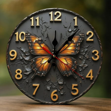 Wall Clock Decorative - Vintage Orange Butterfly-B Print 2D Vintage Wall Clocks Battery Operated Silent Non-Ticking for Bedroom, Living Room, Kitchen, Office, Classroom, 10 Inch
