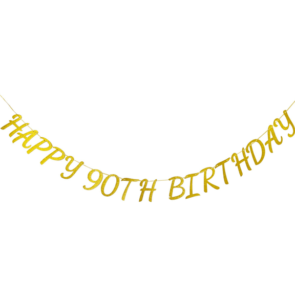 Happy 90th Birthday Banner, Gold Glitter, Party Decoration Sign