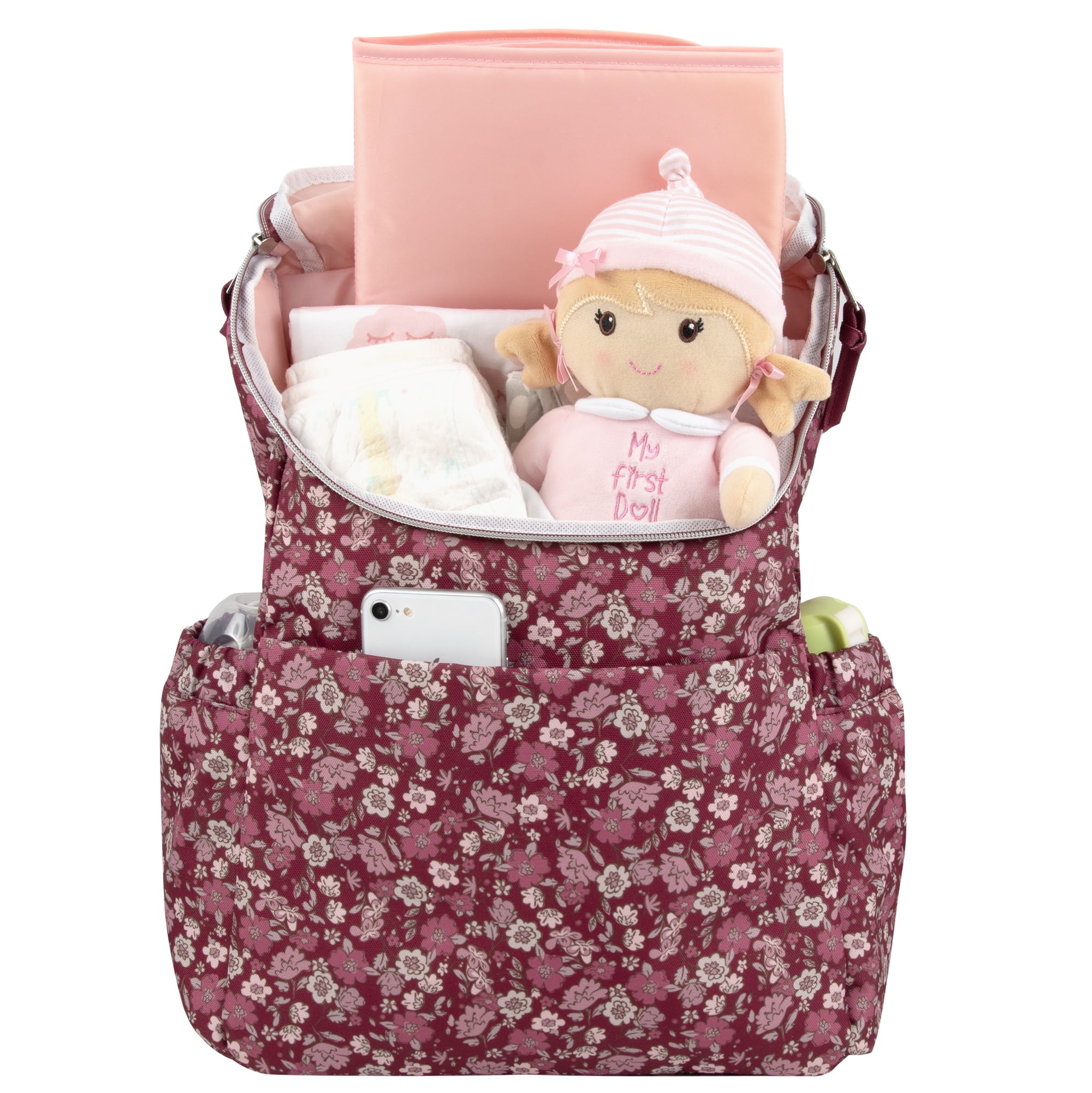 Baby Essentials 2 Piece Baby Diaper Backpack with Stroller Straps and Matching Changing Pad in Burgundy Floral