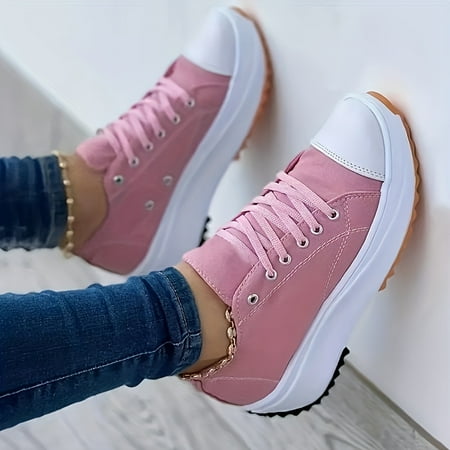 PORK Womens Chunky Canvas Shoes Non Slip Lace Up Casual Sneakers Thick Sole Running Sports Shoes Gift