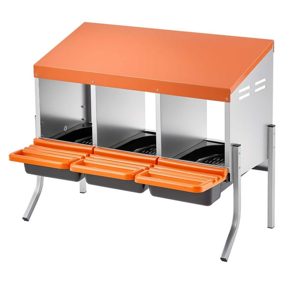 KFFKFF Chicken Nesting Boxes, 3 Compartments with Sturdy Legs, Convenient Egg Collection, Durable Galvanized Steel and High-Strength Plastic, Roll-Out Design for Chickens and Hens, Orange