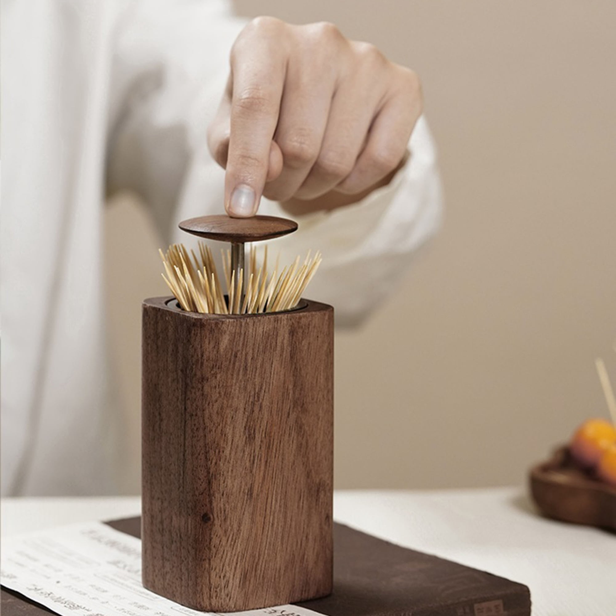 Pop-up Automatic Toothpick Dispenser, Walnut Toothpick Holder