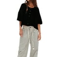 thumbnail image 2 of Women Y2K Button Front Crop Sweater Cardigan Solid Color Crew Neck Middle Sleeve Knit Tops Streetwear Black S, 2 of 6