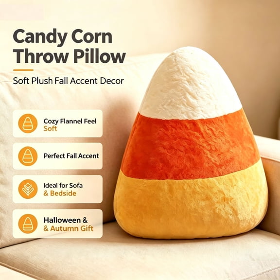 Linnome Candy Corn Shaped Halloween Throw Pillow, Soft 3-Color White Orange Yellow Stuffed Cushion, Classic Fall Harvest Decorative Plush Pillow for Sofa Bed Halloween Thanksgiving Home Decor Gift