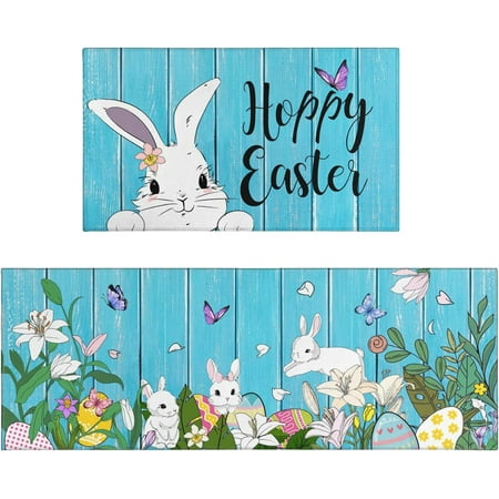 

Easter Kitchen Rug Set of 2 Blue Wood Grain Background Bunny Easter Egg Floral Pattern Non-Slip Cozy Washable Floor Mats Rubber Backed Waterproof Mats for Kitchen Sink Front Set of 2 17x30+17x47Inch