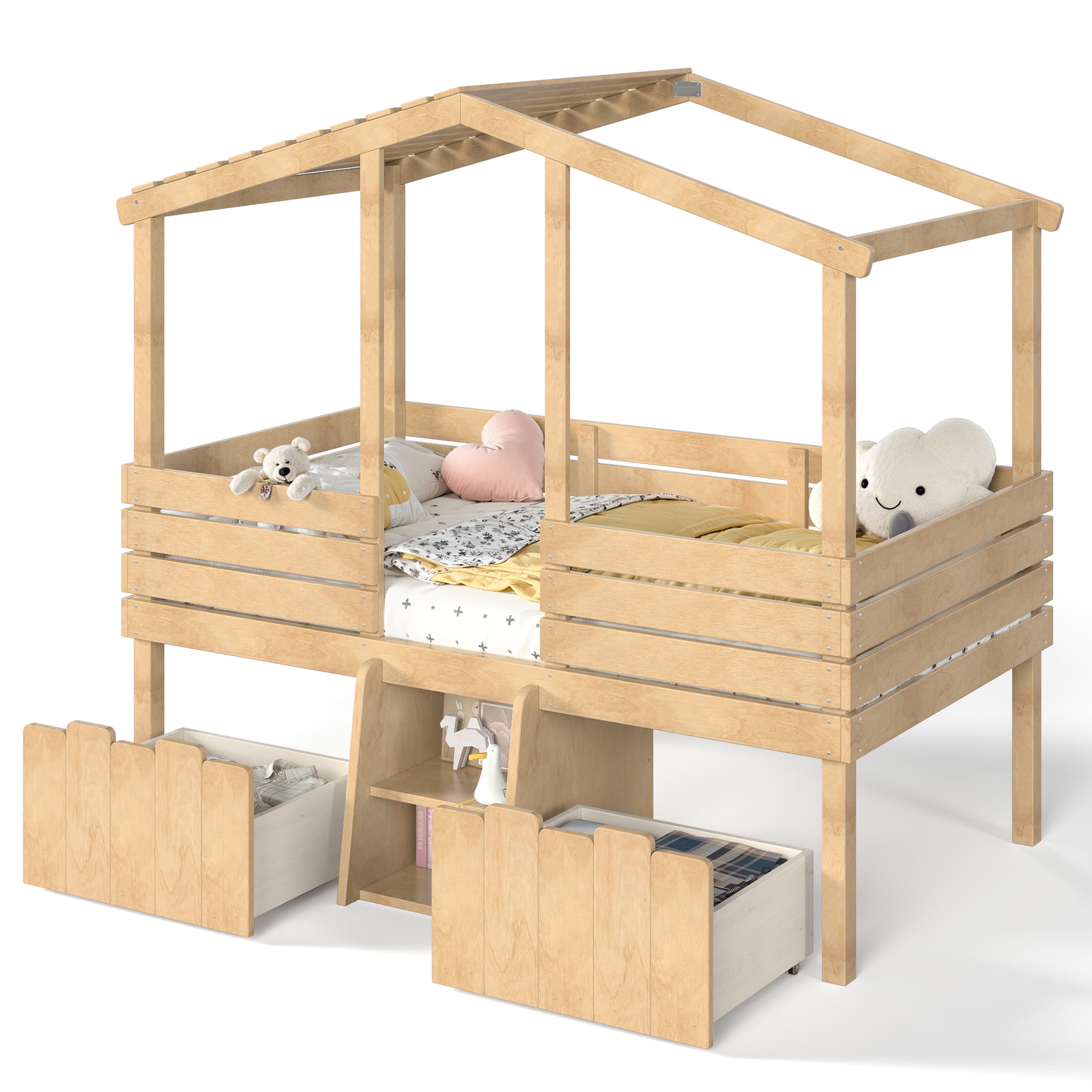 HOQBN House Loft Bed Twin Size,Low Loft Bed with Stairs and 2 Big Storage Drawers,Farmhouse Style Bed Frame with House Shaped Roof,Natural