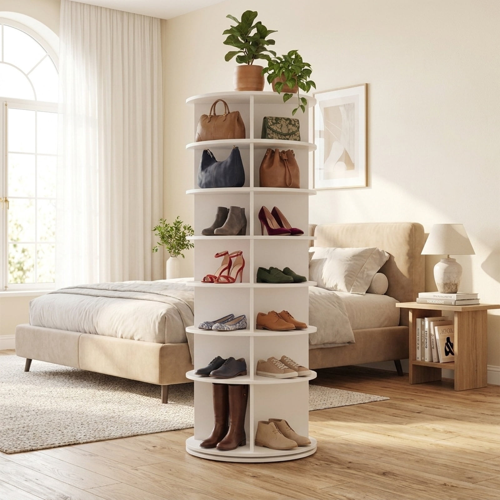 Furnibear 7 Tier Rotating Shoe Rack Tower Freestanding Spinning Shoe Organizer for Entryway Closet and Bedroom Corners, White