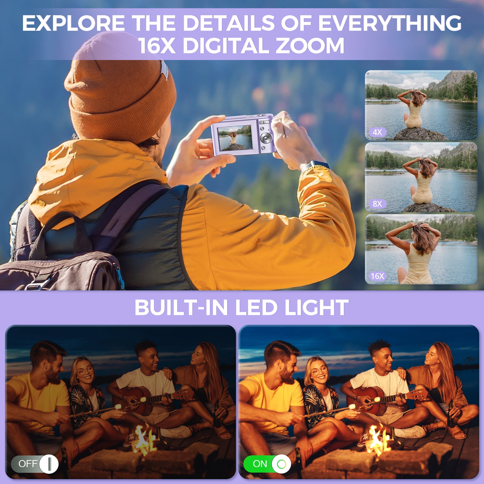 Digital Camera Rechargeable w/ 32GB TF Card, 1080P Video 48MP Fun Retro Filters 16X Zoom Date LED Fill Light, Entry Level Point and Shoot Camera (Purple)