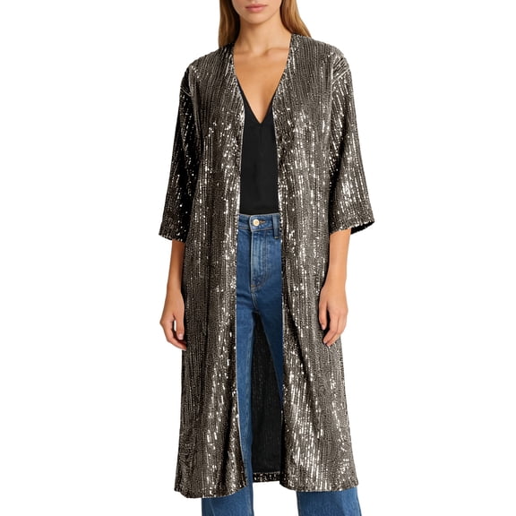LWavelet Longline Sequin Open Front Coat Women Oversized Glitzy Party Daily Trendy Versatile Outerwear Wine,Blue,Black,Dark Green,Champagne M,XL