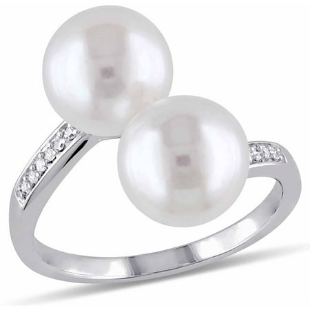 Miabella 8-8.5mm White Round Cultured Freshwater Pearl and Diamond-Accent 10kt White Gold Bypass Ring