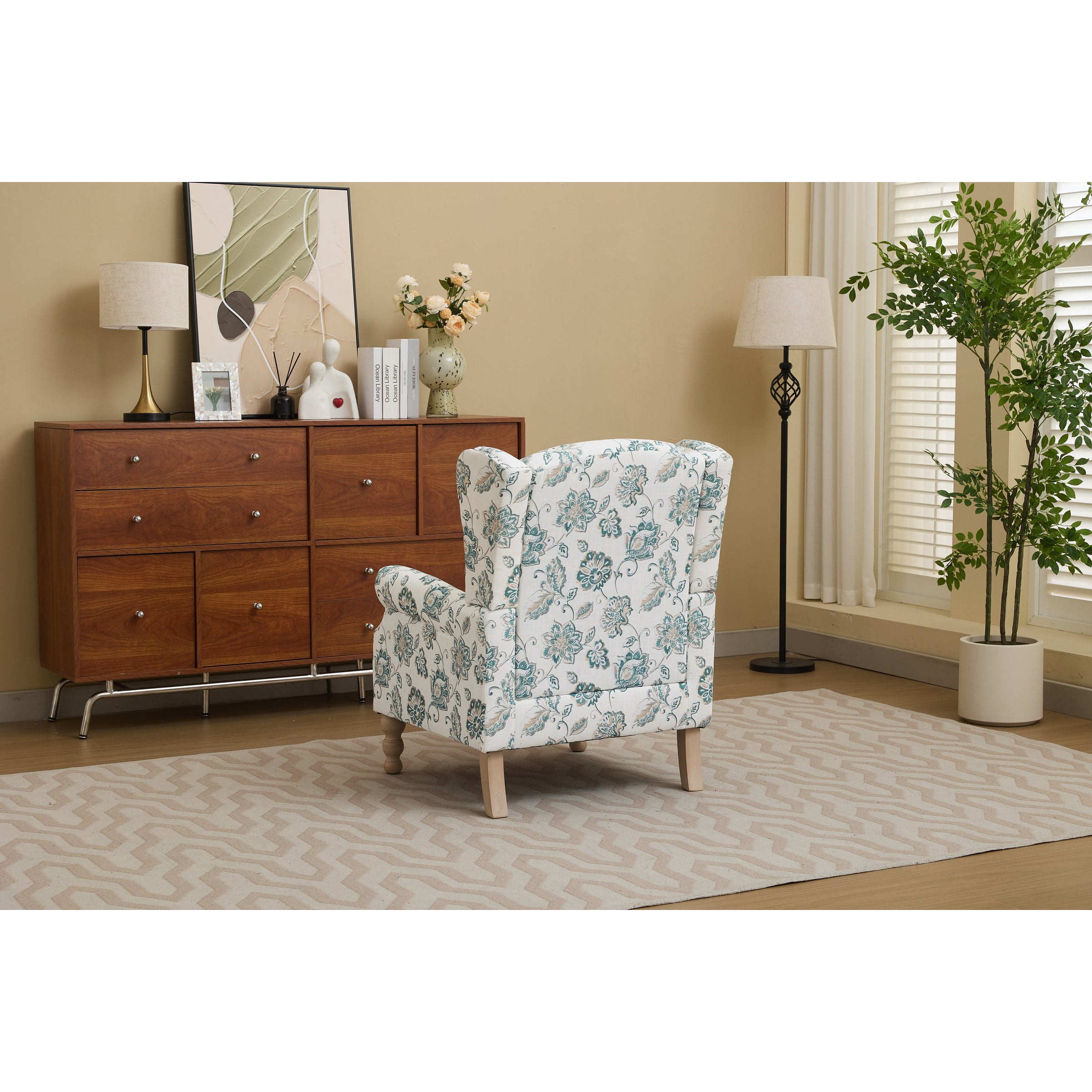 Modern Accent Chair with Retro Wood Legs, Comfy Upholstered Armchair, Floral Design Single Sofa Chair for Living Room Bedroom Office