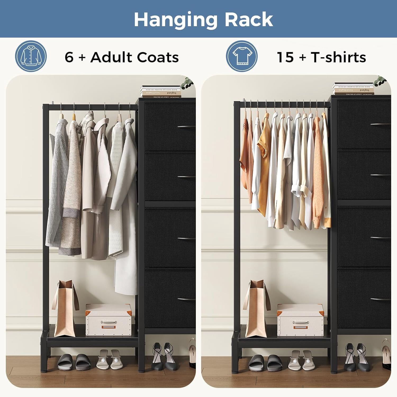 JIOABL 4 Drawer Dresser with Hanging Rack, Steel Frame, Fabric Drawers, Tall Storage Organizer for Bedroom, Black