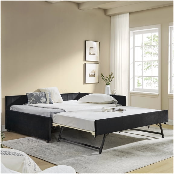 Modern Upholstered Sofa Bed with Pull Out Trundle, Full Size Convertible Daybed for Guest Room