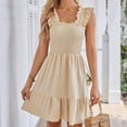 thumbnail image 3 of Tumotour Summer Dress for women Solid Color Square Neck Sleeveless Ruffle Dress High Waist Smocked Strappy Casual Short Mini Dresses Ear Flounce Wrinkled Hem Dress, 3 of 6