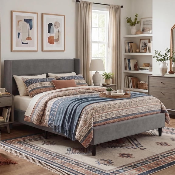 Queen Velvet Upholstered Platform Bed with Wingback Headboard, Queen Size, Grey, Bedroom, Sturdy Wood Slats