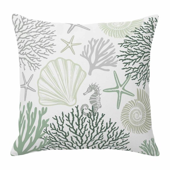 Sage Green Grey Coastal Pillow Covers 16x16 Inch, Summer Beach Coral Shell Ocean Linen Pillowcase with Invisible Zipper, Decorative Throw Pillow Covers Cushion Case for Couch Sofa Bed Living Room