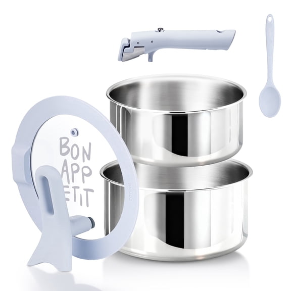 Carote 5-Piece Tri-Ply Stainless Steel Saucepan Set with Detachable Handle, 2QT & 3QT Small Induction Cooking Pot