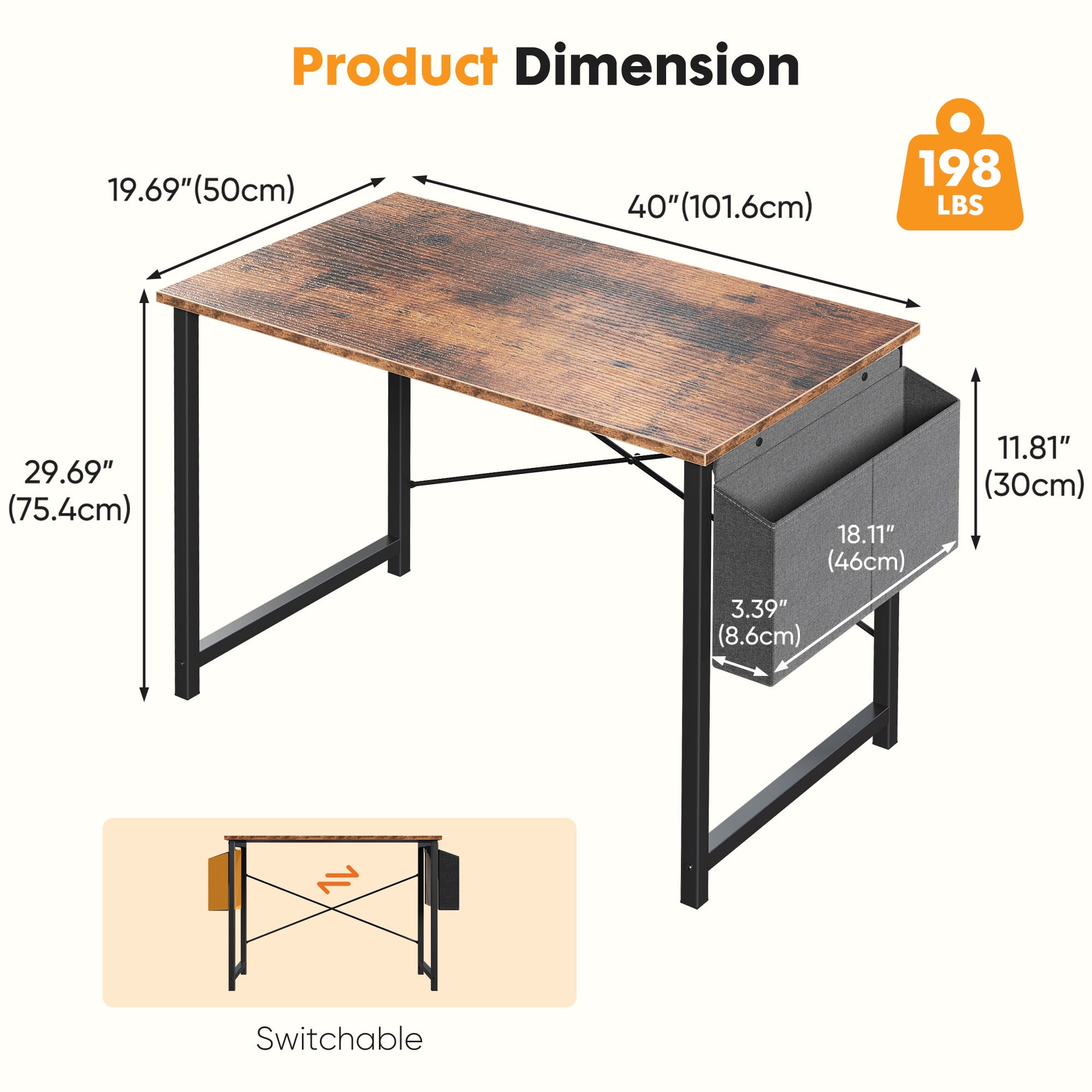 CONCETTA 40 Inch Computer Writing Desk with Storage Bag, Steel Frame for Home Office Study, Brown