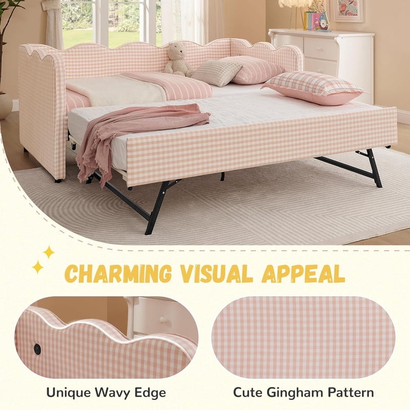 Full Size Upholstery Daybed with Trundle and USB, Full to King Design Wave Shaped Extendable Linen Sofa Bed, No Box Spring Required, for Living Room and Bedroom