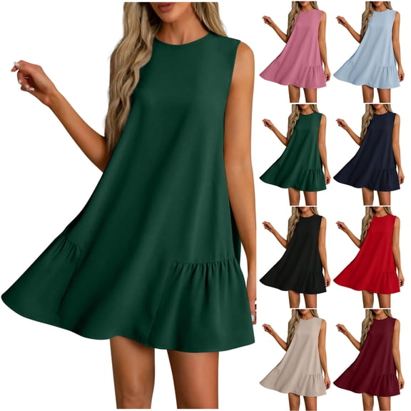 Summer Dresses for Women 2025 Women Summer Solid Color Round Neck Sleeveless With Button Down Hem And Pleated Dress At The Back Gift for Her Size S-2XL