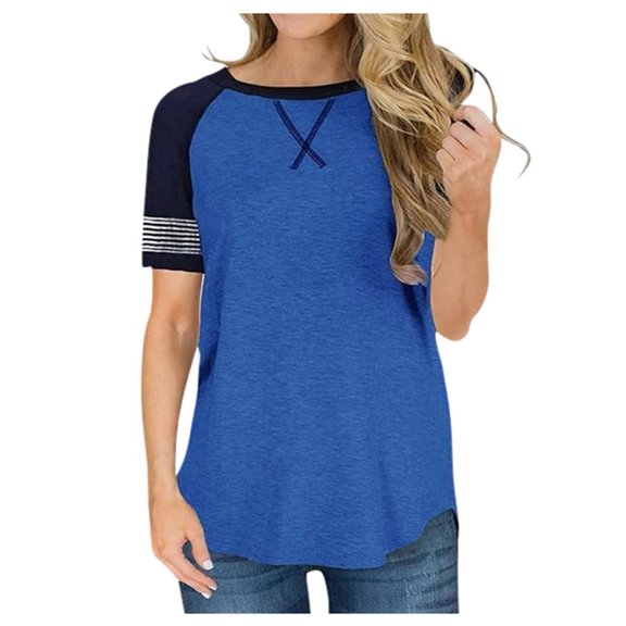 Bigersell Summer T Shirts Women's Casual Color Matching Striped Round Neck Short Sleeve Tops Women Blouse Square Neck Short Sleeve Workout Tops Style B37108, Blue S