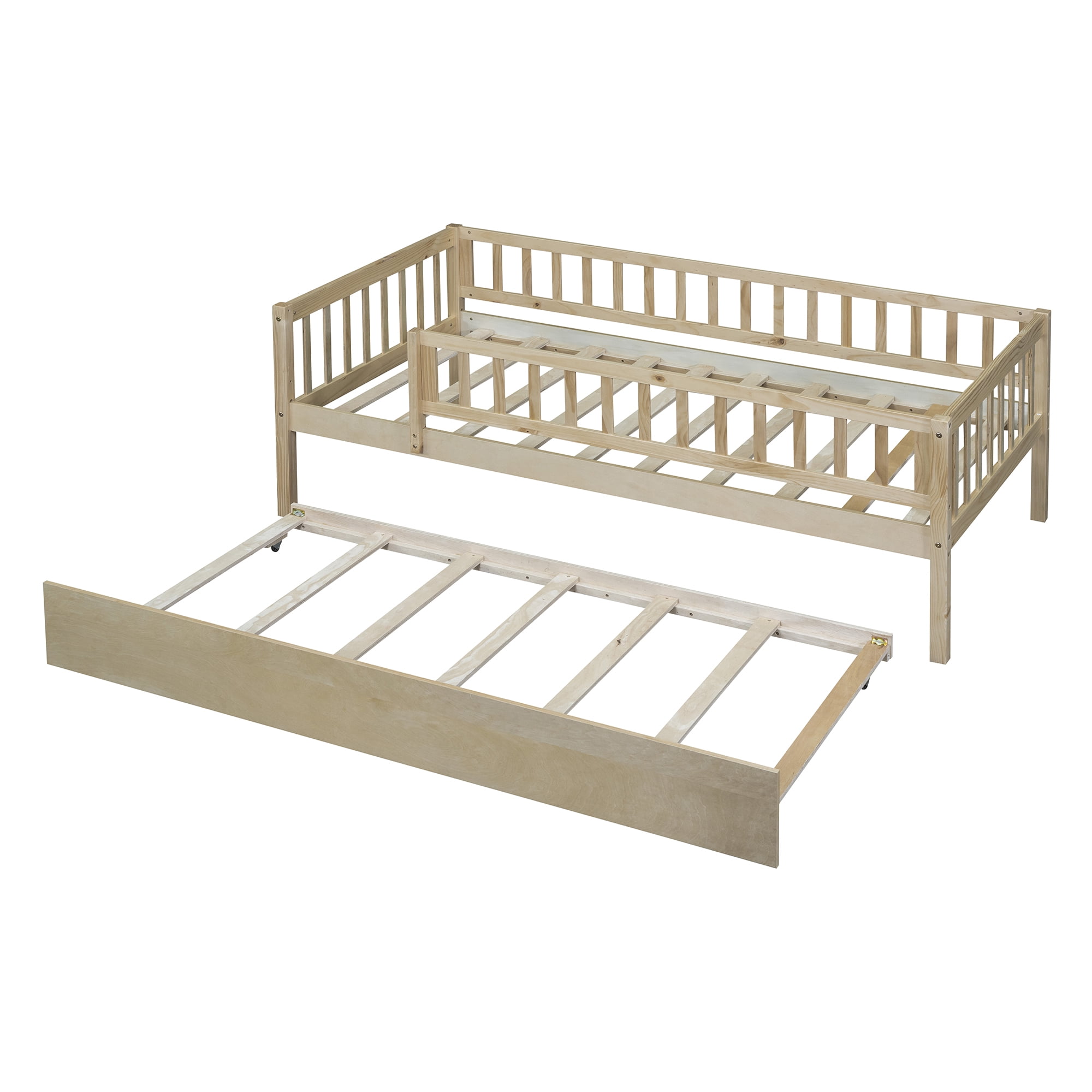 Holaki Twin Size Wood Bed with Trundle and Guardrails for Kids, Natural