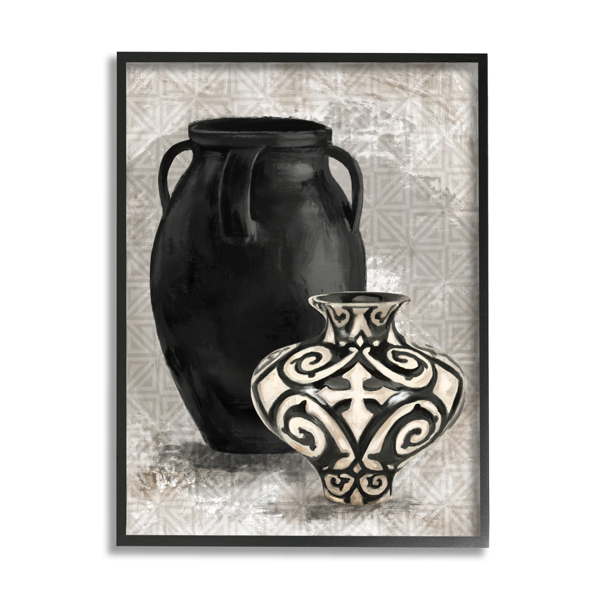 Stupell Industries Ornate Ceramics over Grey Geometric Pattern Gray Framed by Daphne Polselli
