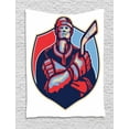 thumbnail image 1 of Hockey Tapestry, Illustration of an Ice Hockey Player Holding Stick in Retro Style, Wall Hanging for Bedroom Living Room Dorm Decor, 60W X 80L Inches, Navy and Pale Blue Dark Coral, by Ambesonne, 1 of 2