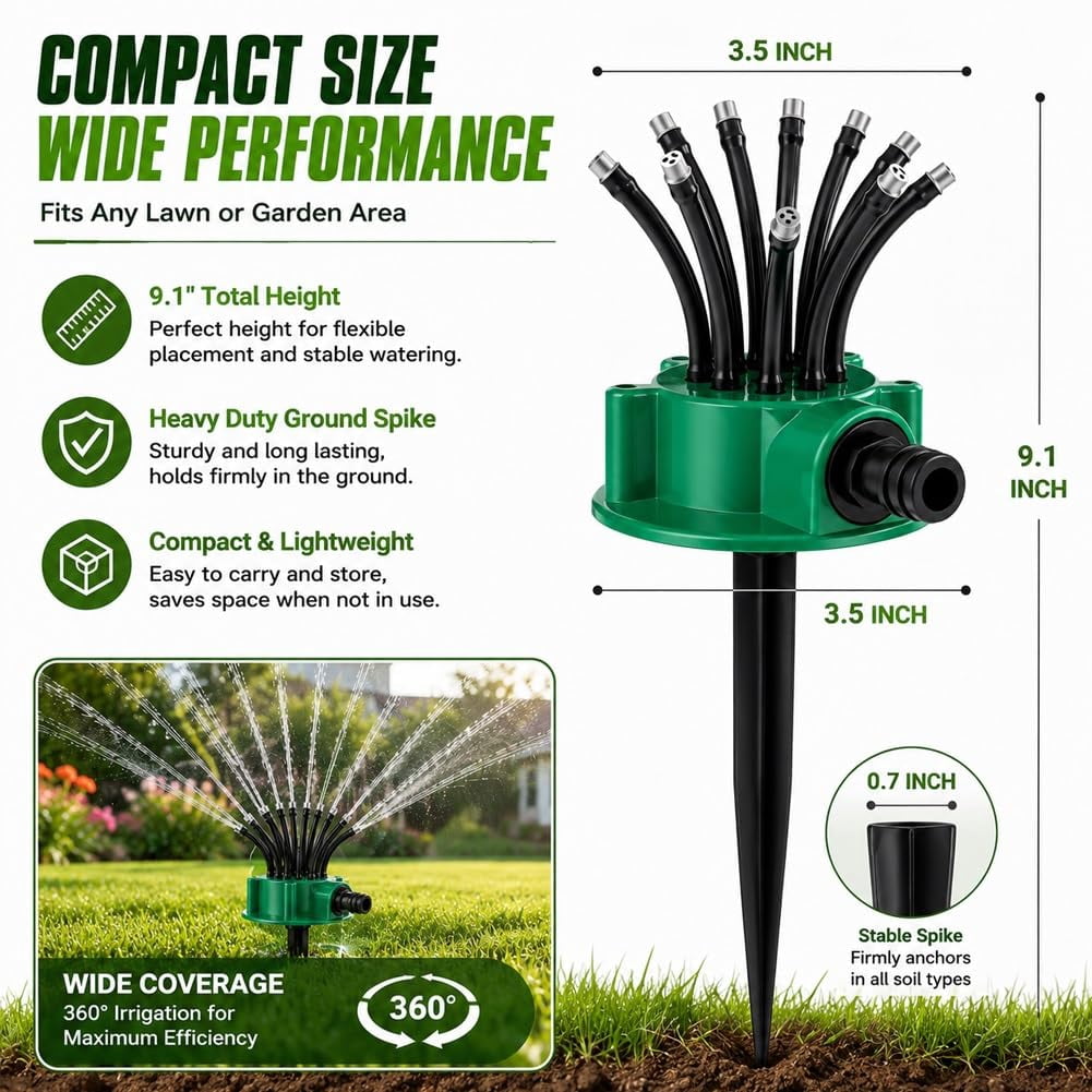 360° Coverage Precision Garden Irrigation Sprinkler, Rotating Water Saving Sprinkler with Spike Base