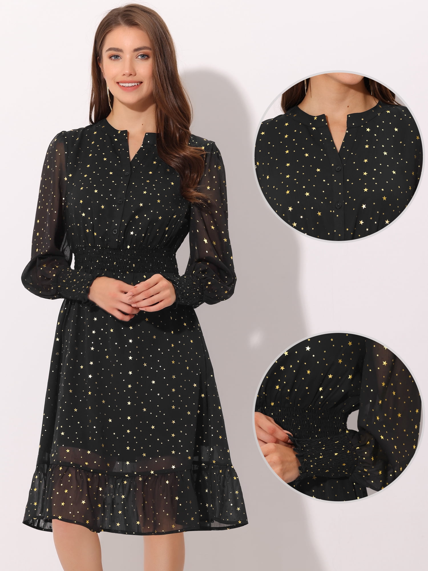 DARING DIVA Button Up Smocked Chiffon Metallic Star Dress S Black-Star
