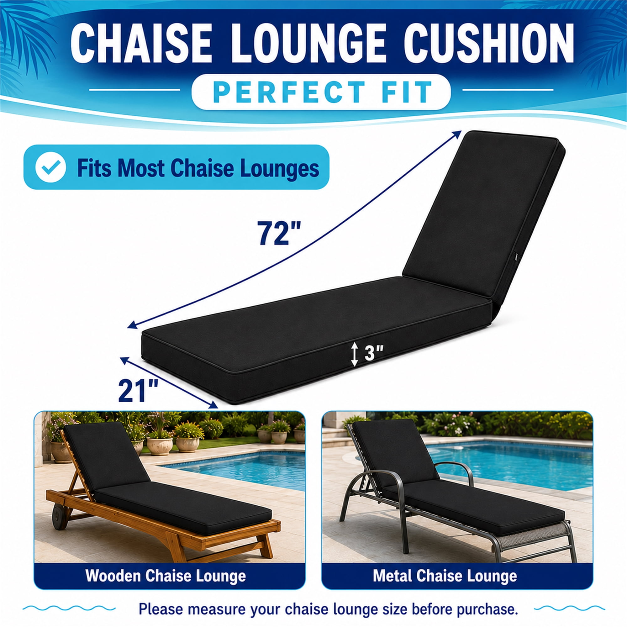 Millsilo Outdoor Chaise Lounge Cushion, 72" x 21" x 3" Patio Lounge Chair Cushion, Water-Resistant UV-Protected Replacement Cushion with High Density Foam, Black