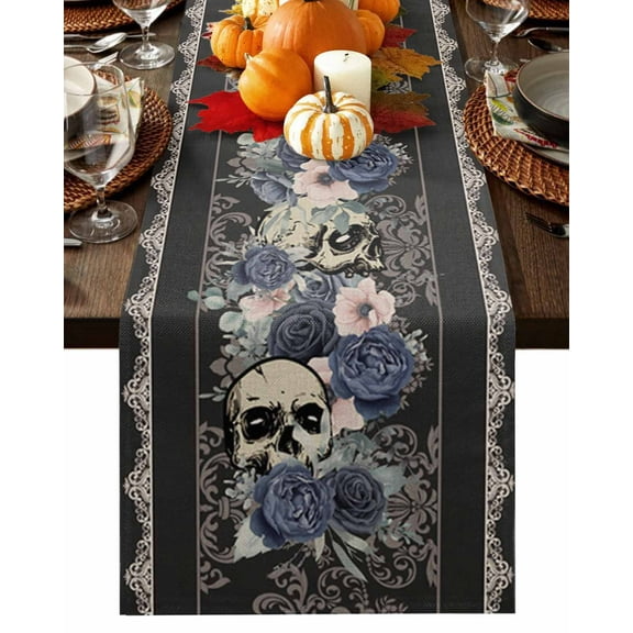 Table Runner 72 Inches Long, Halloween Blue Rose Skull European Style Cotton Linen Table Runners Non-Slip Durable Dresser Scarves for Table Party Dinner Holiday Home Decor, 1 Pack