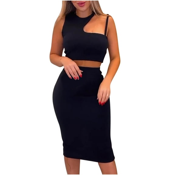 REORIAFEE Two Piece Sets for Women Disco Outfits Women's Summer Two Piece Set Tank Tops High Waist Dress Casual Set Skirt Set Black L