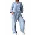 thumbnail image 3 of Womens Cotton Linen 2 Piece Sets V Neck Button Down Long Sleeve Shirt Wide Leg Trouser Sets with Pockets Light Blue S, 3 of 7