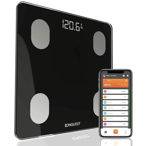 Báscula inteligente KONQUEST para peso corporal, báscula digital de baño con Bluetooth, IMC, grasa corporal, monitor de composición corporal, analizador de salud con aplicación para smartphone, 181 kg