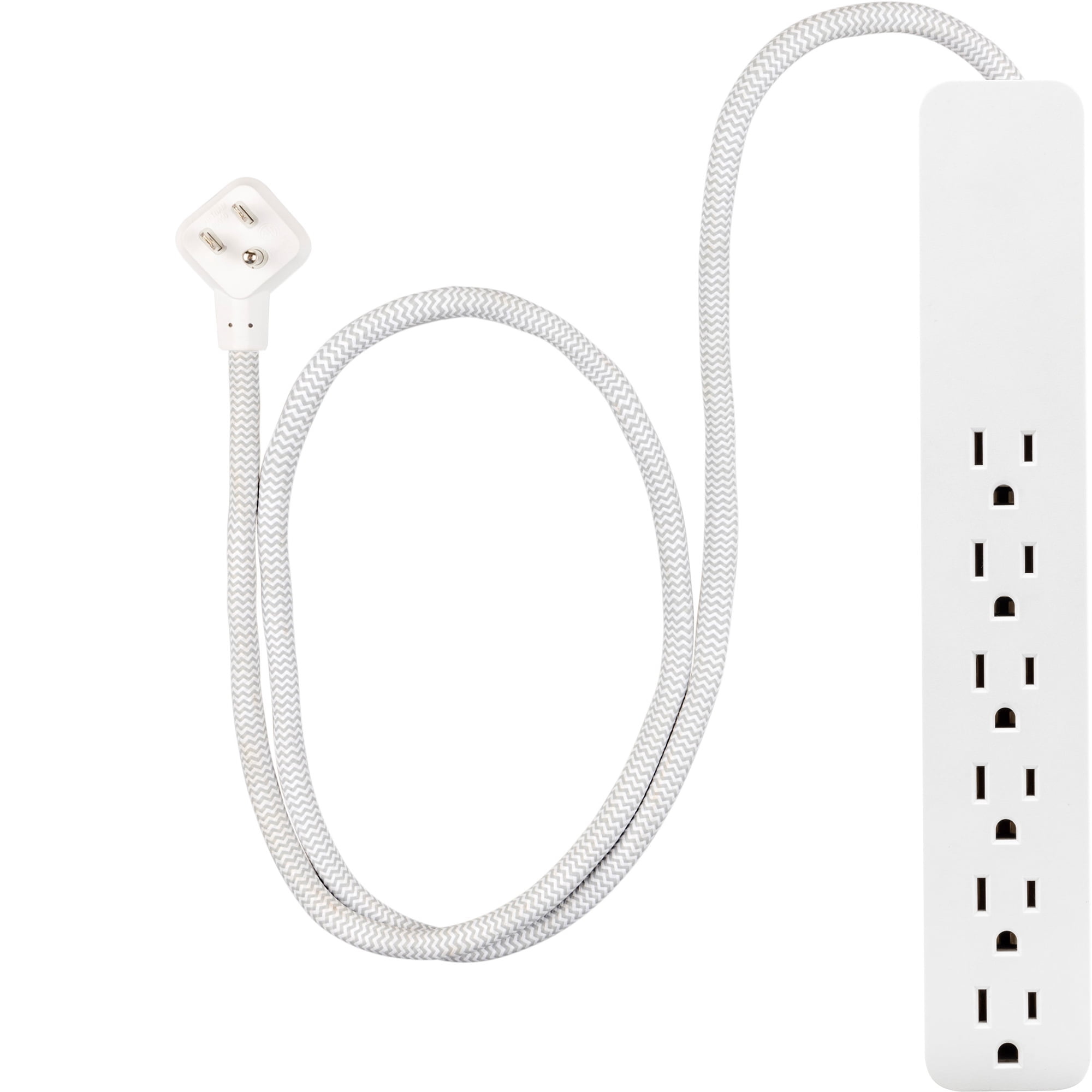 GE Surge Protector Power Strip, 2 Ft Braided Extension Cord, 6 Outlet Extender, 620 Joules, Flat Plug, Wall Mount, On Off Switch, White, 86933
