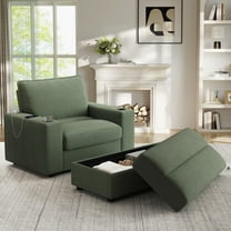 Lunale 42.8" Accent Chair with Ottoman, Indoor Chaise Lounge Chair with USB & Storage, Plush Reading Sofa Armchair for Living Room, Bedroom, Apt, Green Corduroy