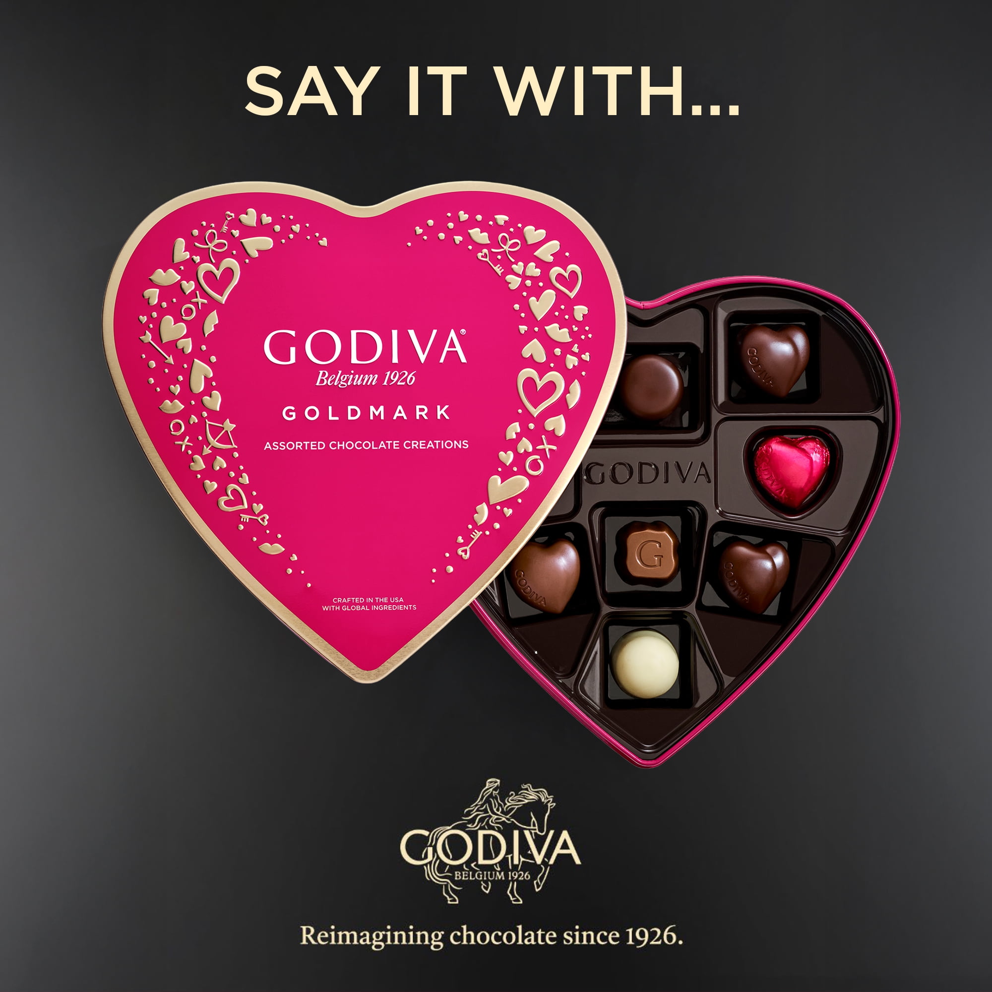 Godiva Valentine's Day Assorted Chocolate Heart Box, Goldmark Collection, 9 Pieces